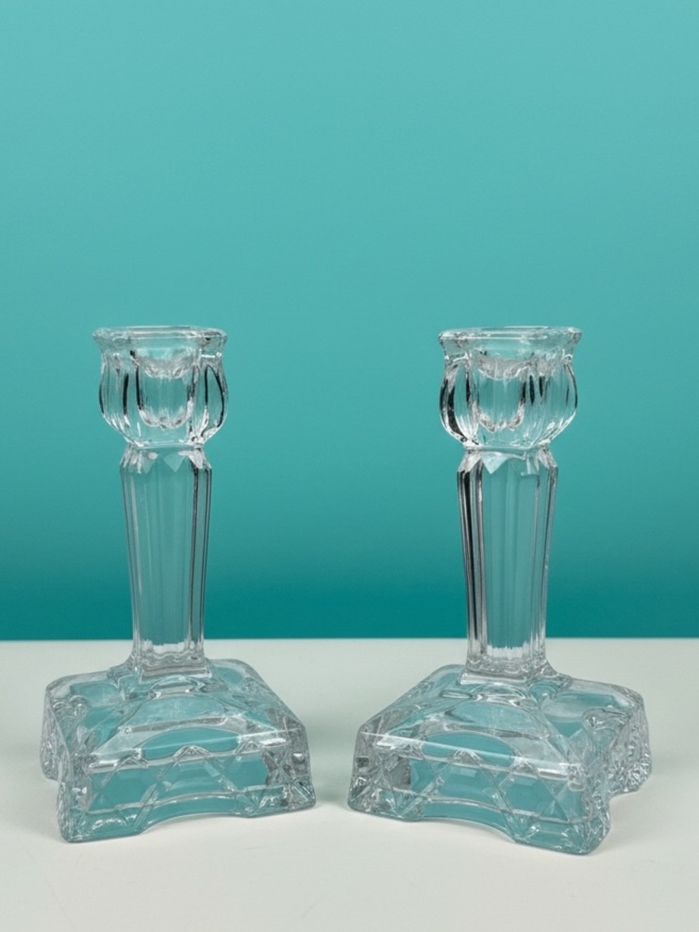 VTG Ernst Buder Art Deco Clear Crystal Glass Candlesticks Set of 2